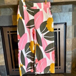 Boden Linen Pink Green Mod Op Art Tropical Palm Print Palazzo Pants 8